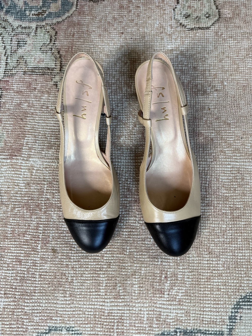 French Sole Beige Slingback Pumps with Black Cap Toe